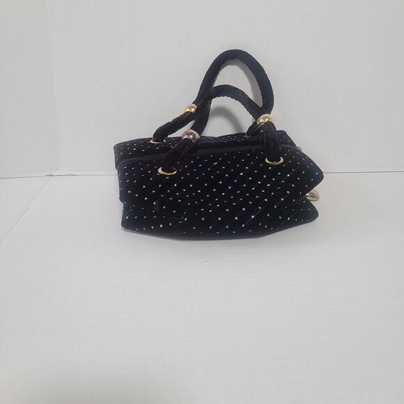 Vintage Black Velvet Rhinestone Evening Handbag w Gold Ball Accent 1960's Style - Picture 5 of 14